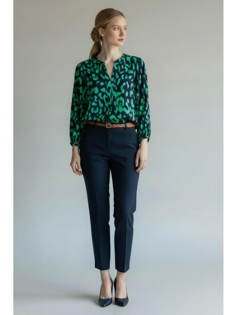 SHEIN Green & Navy Leopard Print V-Neck Lantern Sleeve Blouse, Size Large